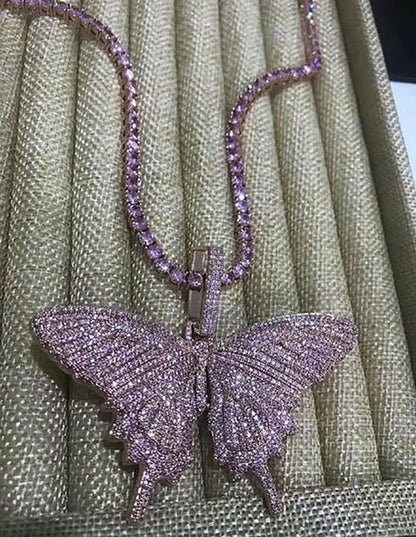 14K Iced Out Butterfly Pendant Necklace Mens Pink Chain Pendants