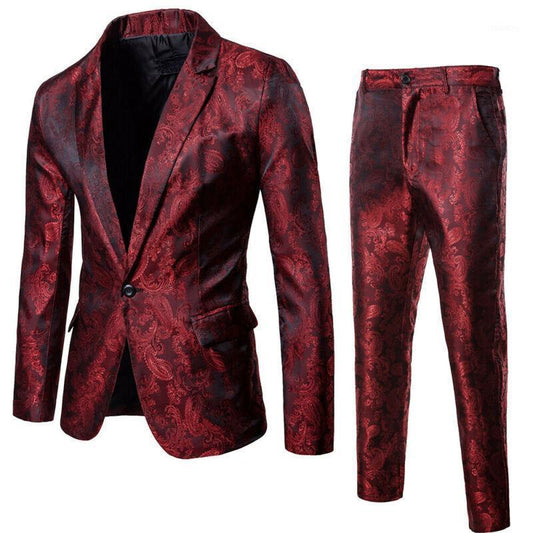 Mens Formal Blazer Jacquard Suit Jacket Tux Coat Business Trousers