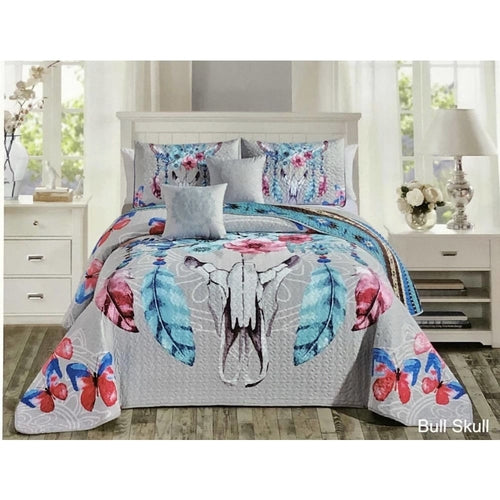 Southwest Feathers & Flowers Bull Skull Aztec Quilt Coverlet - 5 Piece