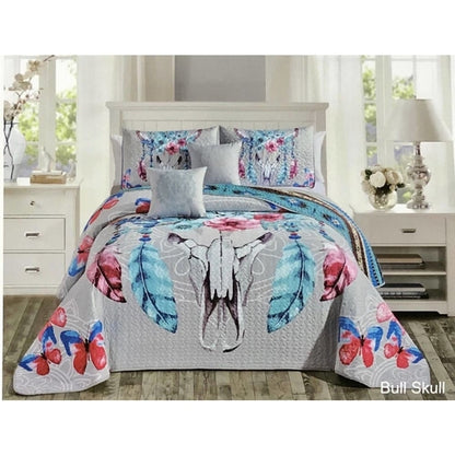 Southwest Feathers & Flowers Bull Skull Aztec Quilt Coverlet - 5 Piece