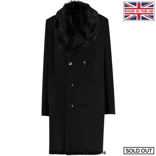 Mens Wool Mix Overcoat With Faux Fur Collar